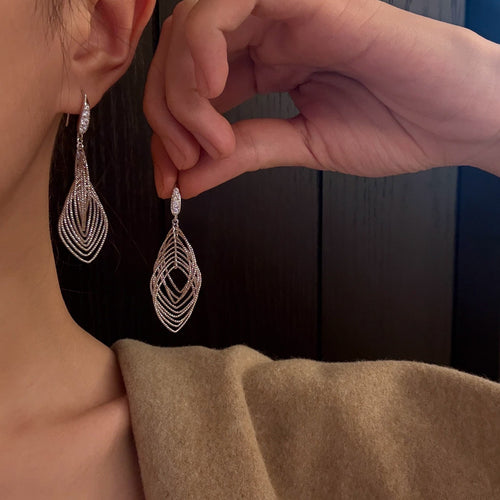 Iron Metal Zircon Oval Hollow Hook Earrings Minimalist European Style Light Luxury Jewelry