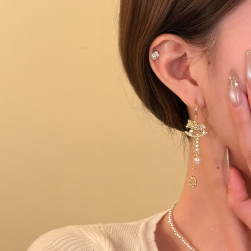 New Chinese Horse Coin Tassel Faux Pearl Drop Earrings For Women Elegant Daily Jewelry