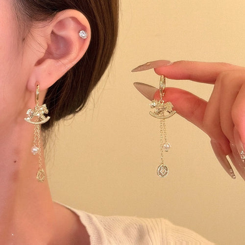 New Chinese Horse Coin Tassel Faux Pearl Drop Earrings For Women Elegant Daily Jewelry
