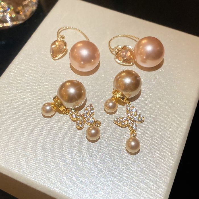 Light Luxury Faux Pearl Butterfly Heart Zircon Stud Earrings For Women French Vintage Elegant Jewelry