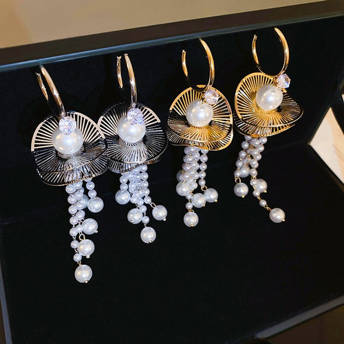 Faux Pearl Zircon Ruffle Tassel Drop Earrings With Silver Pins Light Luxury Geometric Design