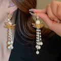 Faux Pearl Zircon Ruffle Tassel Drop Earrings With Silver Pins Light Luxury Geometric Design view 4
