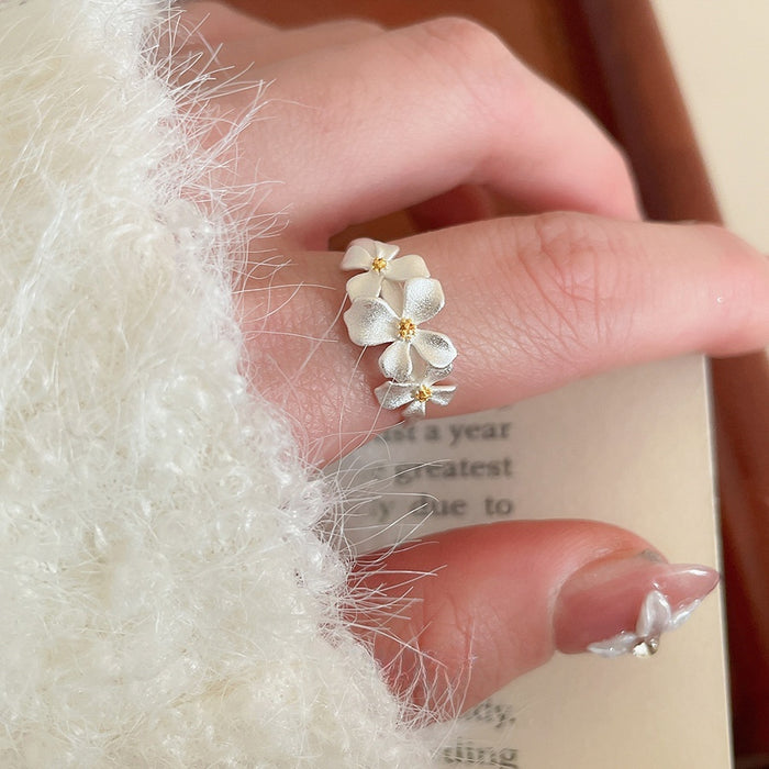 Elegant Korean Style Silver Tone Copper Flower Open Ring For Women Daily Index Finger Jewelry