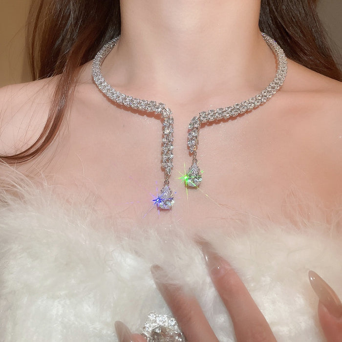 Light Luxury Copper Zircon Teardrop Pendant Choker Necklace For Women