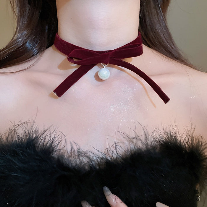 Light Luxury Faux Pearl Bow Necklace With Flocked Ribbon Elegant Clavicle Chain For Women