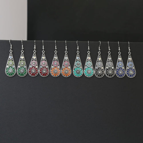Vintage Ethnic Colorful Enamel Flower Teardrop Alloy Rhinestone Long Dangle Earrings