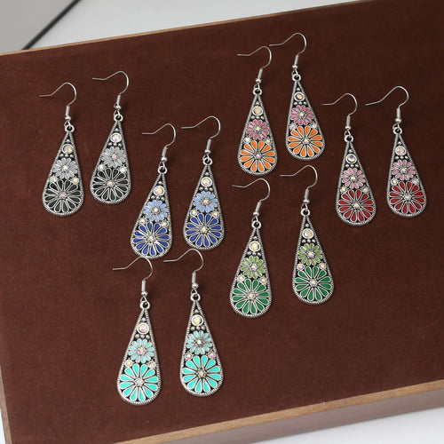 Vintage Ethnic Colorful Enamel Flower Teardrop Alloy Rhinestone Long Dangle Earrings