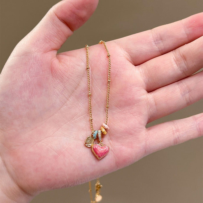 Gold Plated Copper Zircon Enamel Heart Necklace Korean Sweet Light Luxury Clavicle Chain