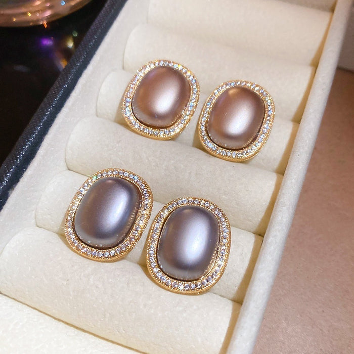 Light Luxury French Vintage Oval Faux Pearl Zircon Stud Earrings With Gold Plating And Silver Pins
