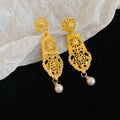 Light Luxury Geometric Hollow Faux Pearl Stud Earrings, Retro Chinese Style Round Ear Jewelry view 4
