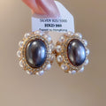 Vintage Oval Faux Pearl Stud Earrings With Rhinestone Silver Needle Elegant Light Luxury Jewelry view 1