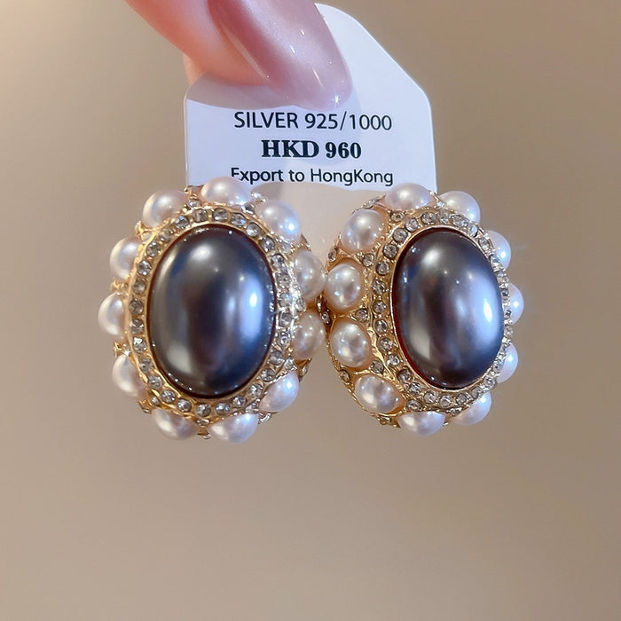 Vintage Oval Faux Pearl Stud Earrings With Rhinestone Silver Needle Elegant Light Luxury Jewelry