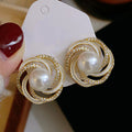 Korean Style Faux Pearl Camellia Flower Stud Earrings For Women, Line Wrapped Fashion Jewelry view 2