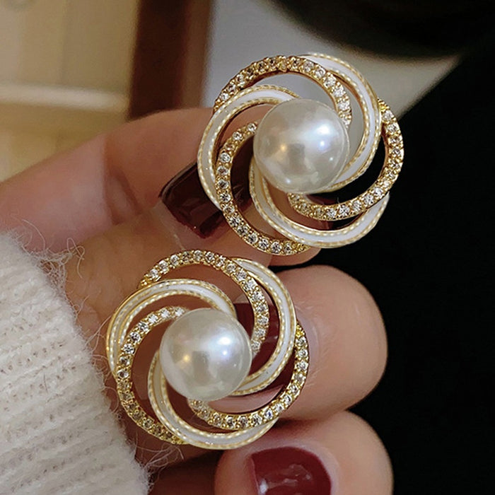 Korean Style Faux Pearl Camellia Flower Stud Earrings For Women, Line Wrapped Fashion Jewelry