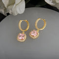Pink Zircon Inlaid Copper Geometric Sugar Cube Drop Earrings Light Luxury Jewelry