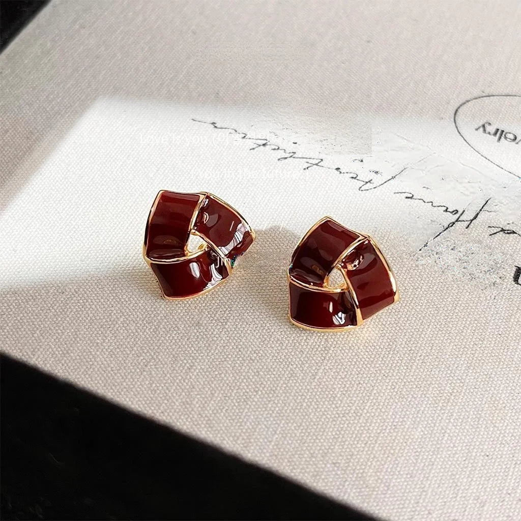 Vintage Red Woven Enamel Copper Triangle Geometric Stud Earrings Minimalist Elegant Jewelry