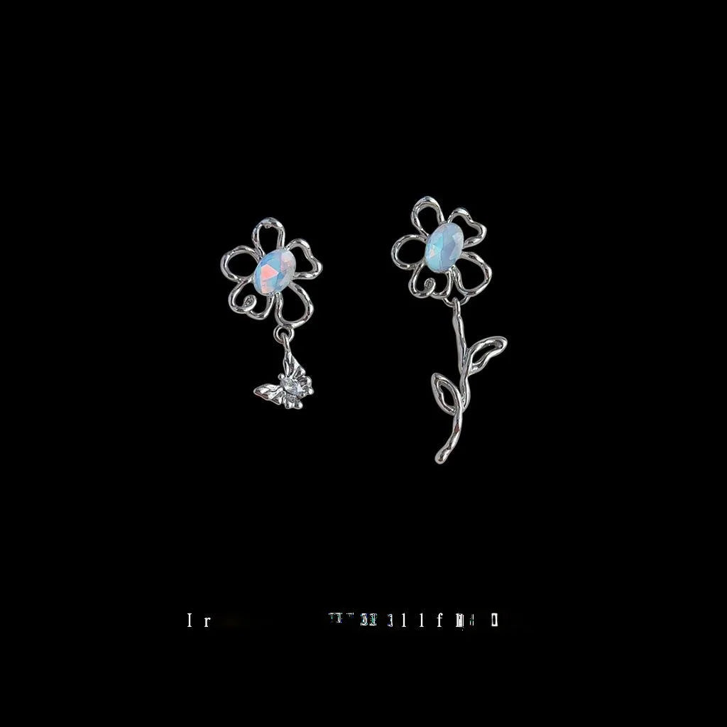Sweet Cool Asymmetric Copper Drop Earrings With Hollow Colorful Flower Butterfly Sunflower Design