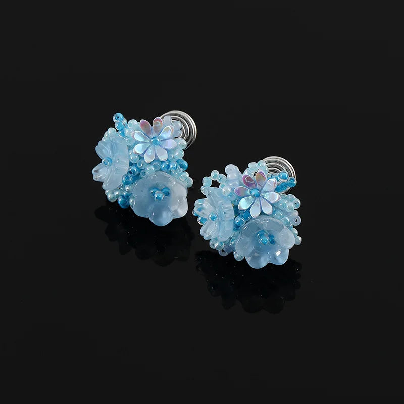 Handmade Blue Beaded Flower Crystal Stud & Clip On No Piercing Elegant Vacation Style Earrings