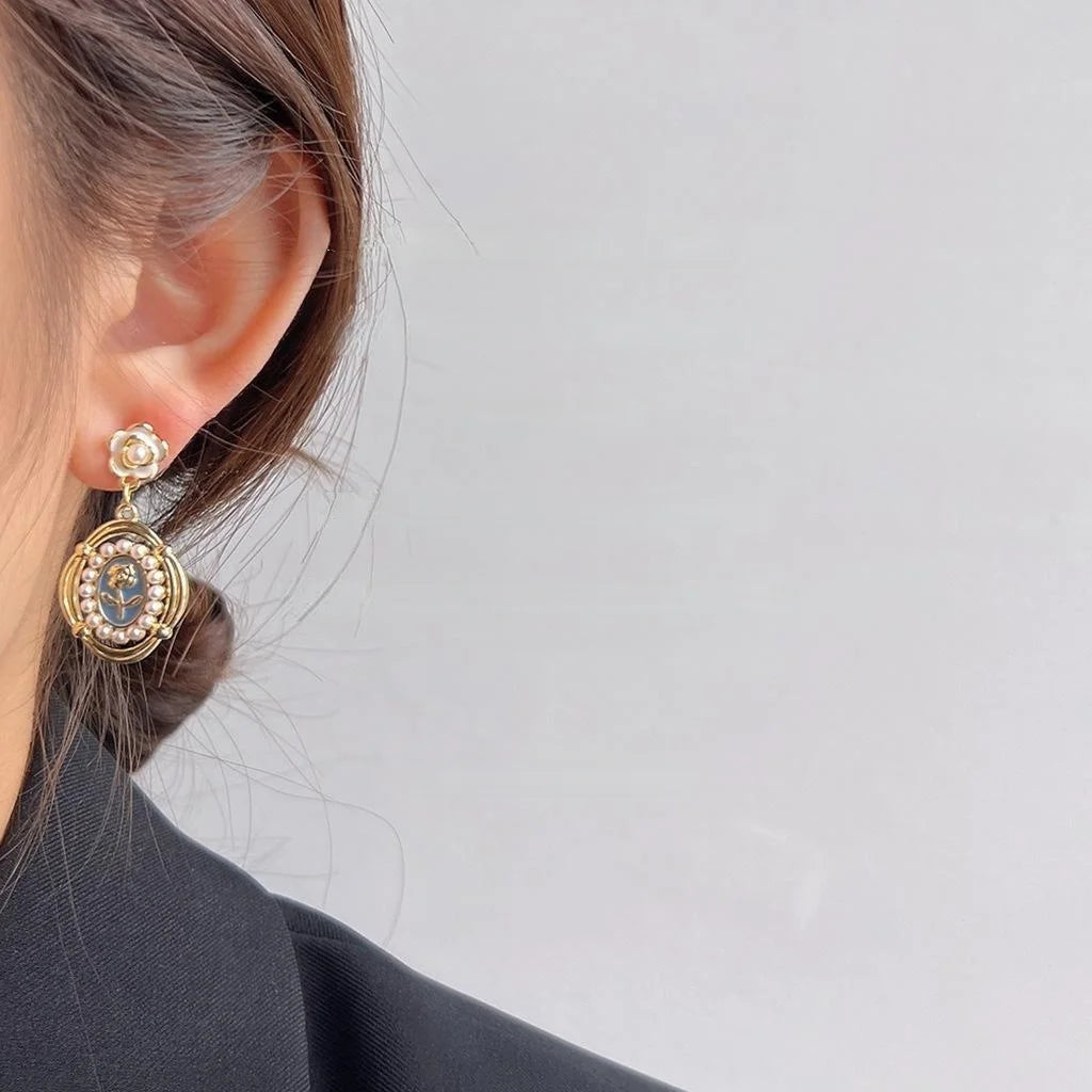 14K Gold Plated Copper Blue Flower Stud Earrings Retro Hong Kong Style Jewelry