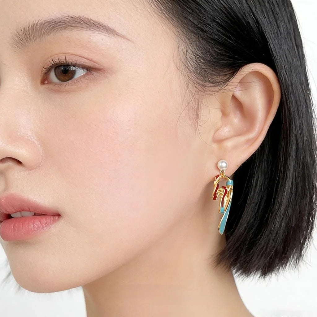 Dunhuang Inspired Ribbon Drop Earrings Handmade Painted Copper Enamel Drip Glaze Pearl Chic Jewelry