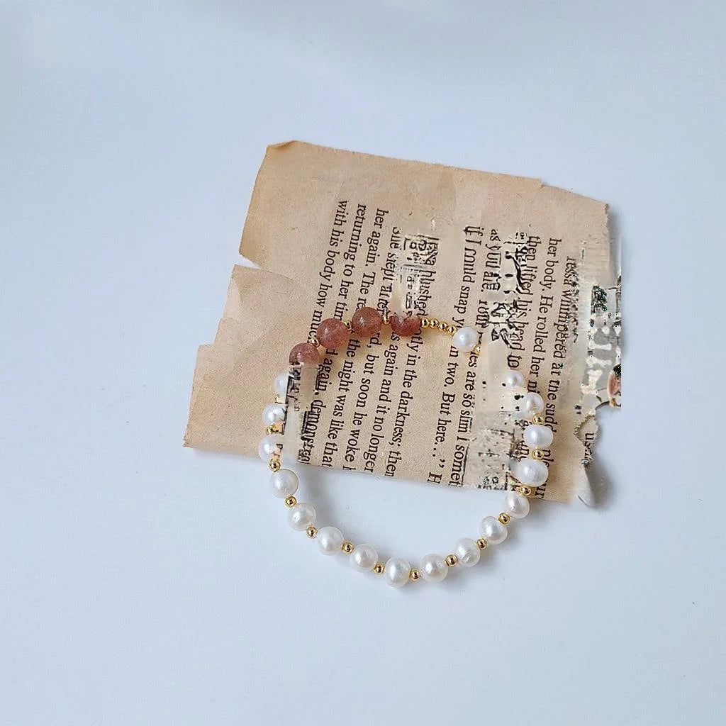 Korean Style Natural Freshwater Pearl Strawberry Quartz Geometric Ring Adjustable Bracelet