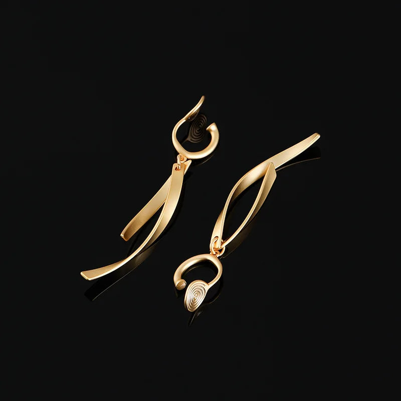 Elegant Matte Gold Alloy Cross Line Curved Bar Tassel Drop Stud & Clip On No Piercing Earrings