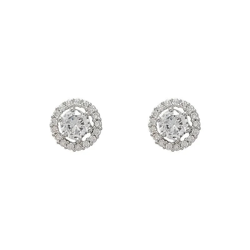 Mini Micro Pave Zircon Round Geometric Copper Stud Earrings With Silver Plated Pins