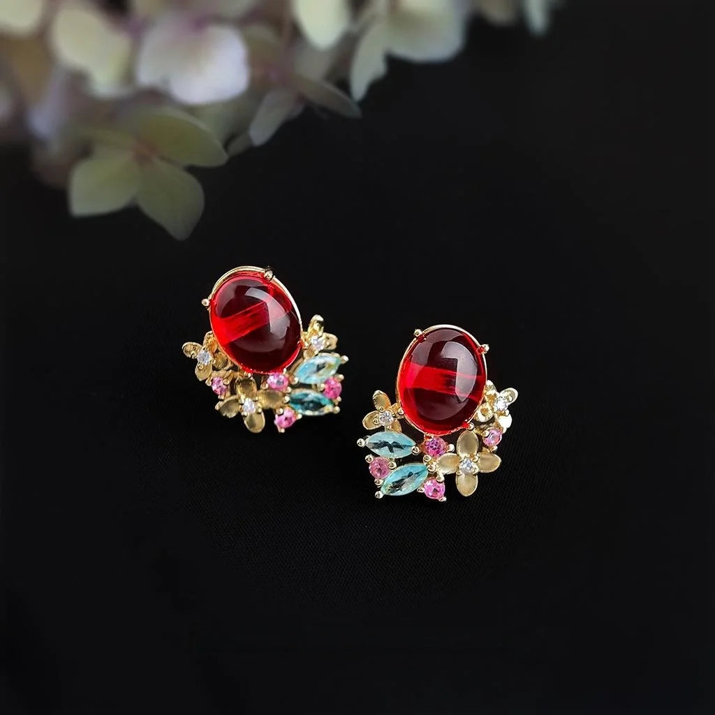 Vintage Ethnic Burgundy Geometric Stud Earrings Copper Zircon Glaze Floral Leaf Jewelry