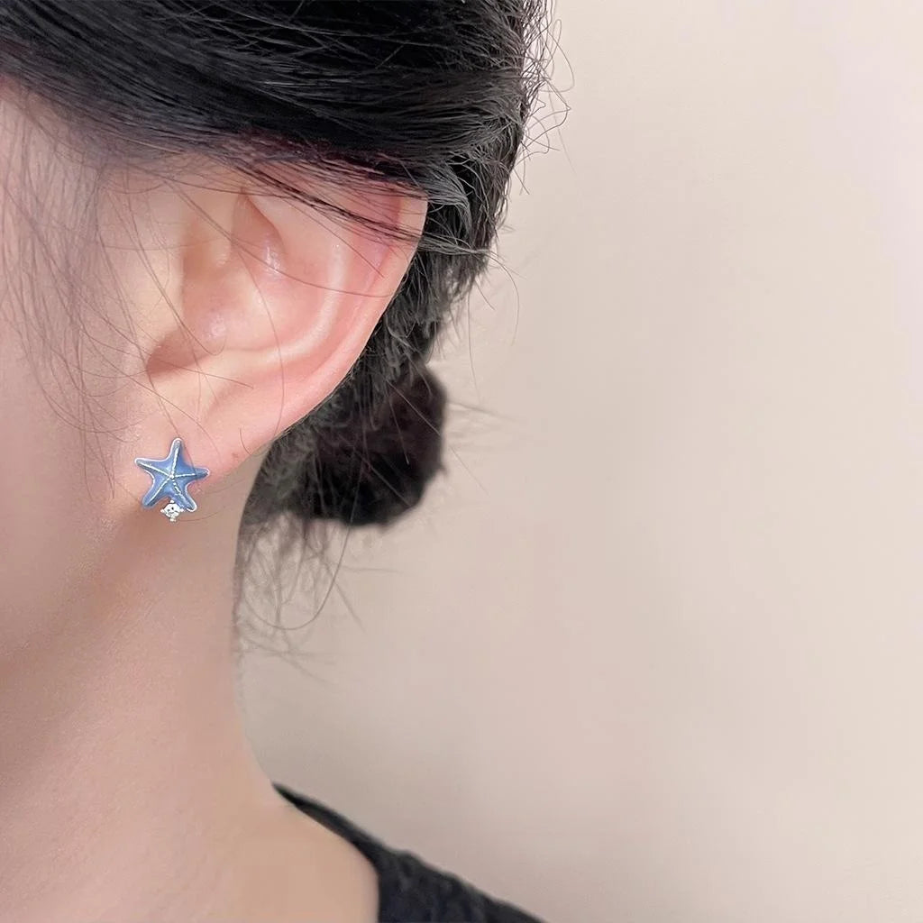 Designer Asymmetric Silver Starfish And Jellyfish Copper Stud Earrings For Women Sweet Cool Style