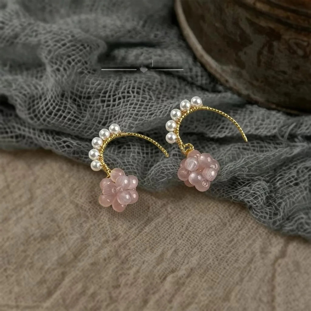 French Vintage 14K Gold Plated Glass Cat Eye Round Fruit Drop Earrings for Women