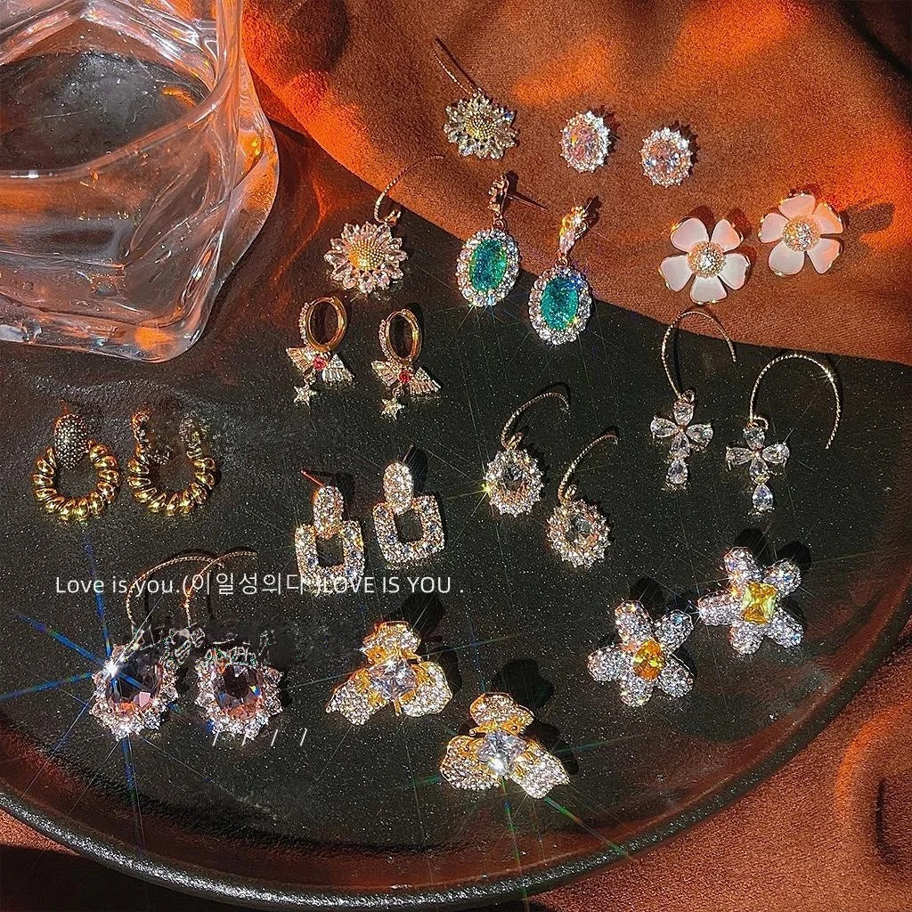 14K Gold Plated Copper Micro Pave Zircon Flower Stud Earrings For Elegant OL Style