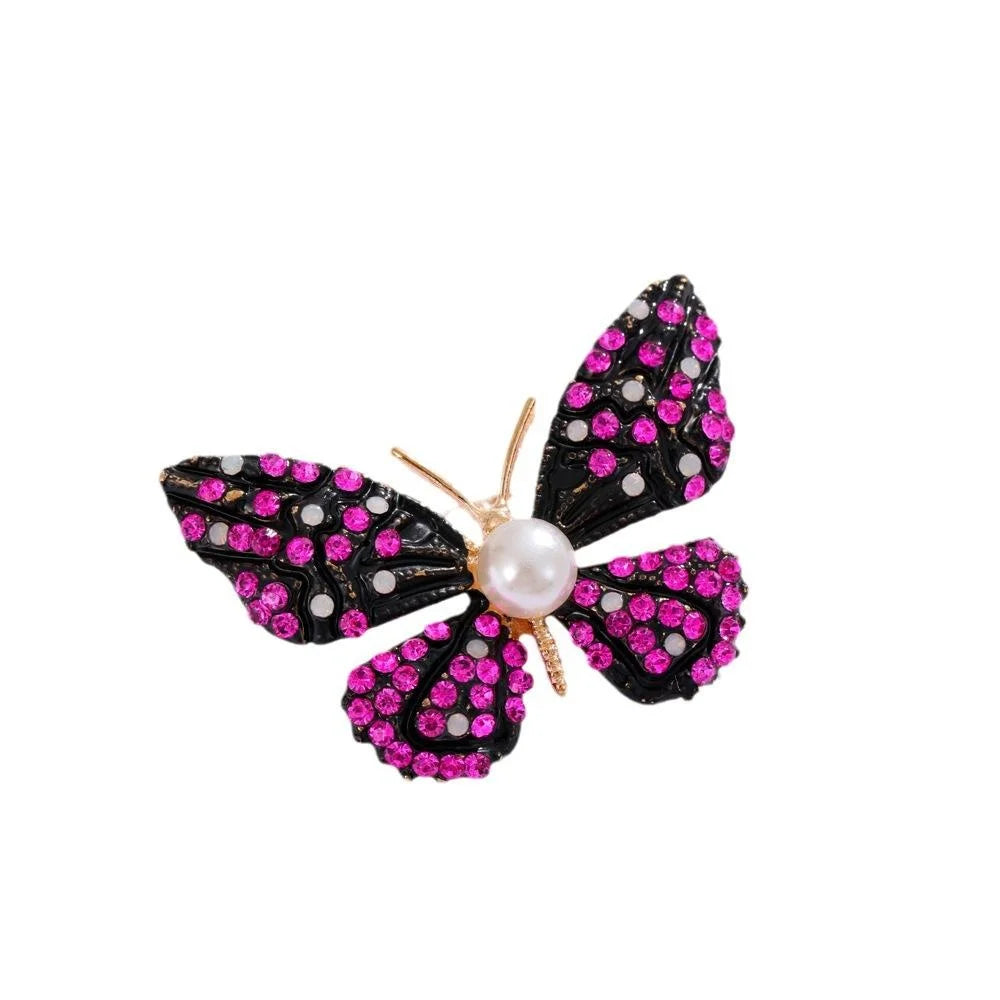 Elegant Black Enamel Butterfly Brooch With Pink Rhinestones And Pearl, Women's Lapel Pin Suit Accessory