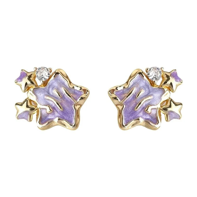Purple Gradient Enamel Star Stud Earrings With Zircon Inlay Sweet Girl Copper Jewelry