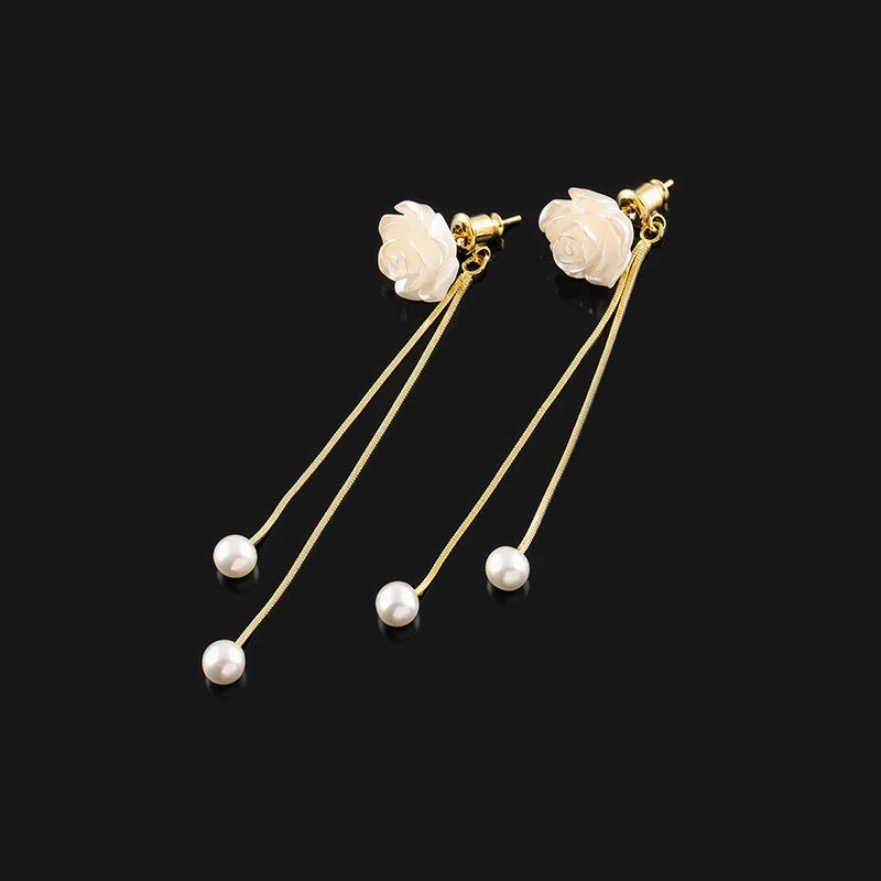 Elegant Rose Flower Pearl Tassel Alloy Chain Stud & Clip On No Piercing Long Drop Earrings