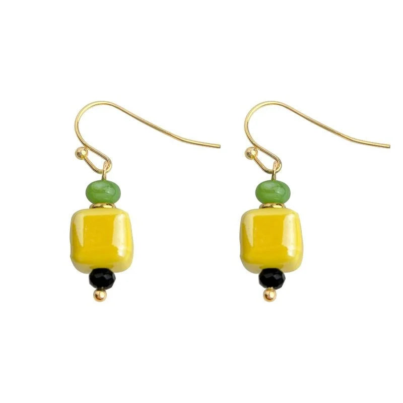 New Chinese Style Yellow Ceramic Geometric Square Handmade Drop Earrings for Women