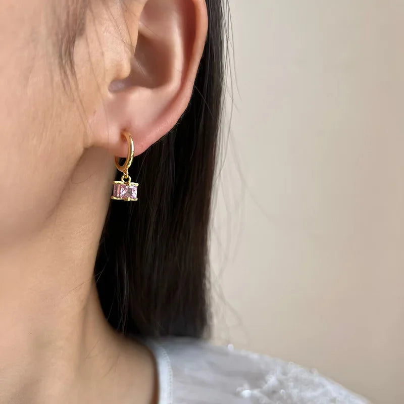 Elegant Spiral Disc Hoop With Square Pink Zircon Alloy Stud & Clip On No Piercing Earrings