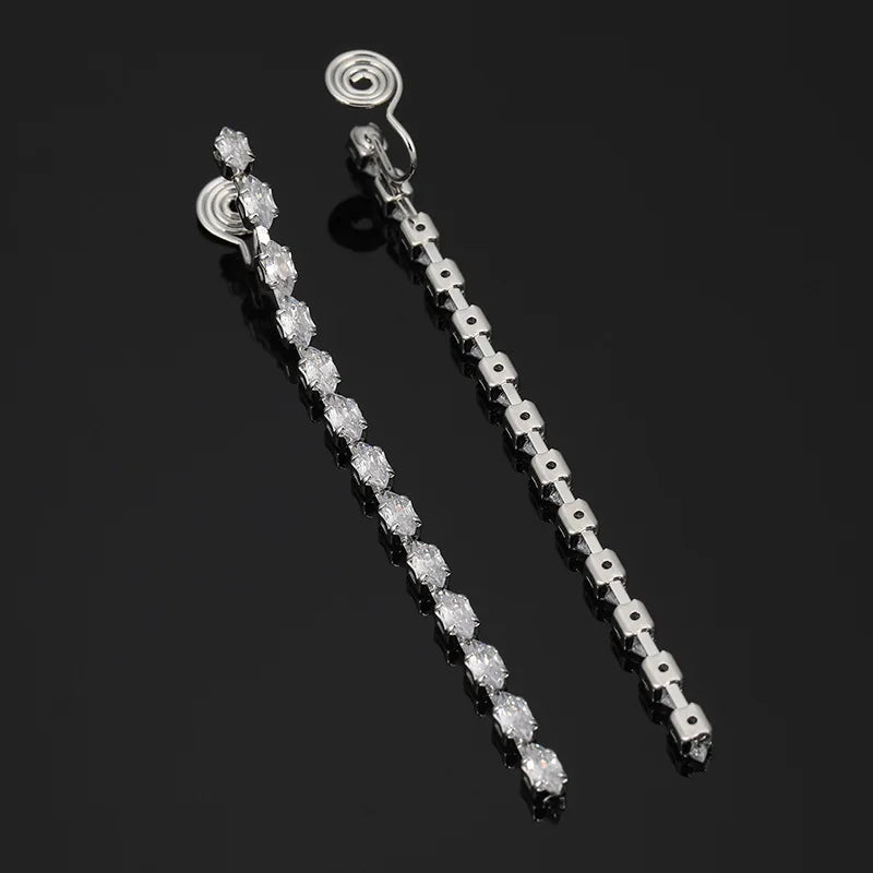 Elegant Long Tassel Marquise Zircon Spiral Drop Stud & Clip On No Piercing Silver Needle Earrings