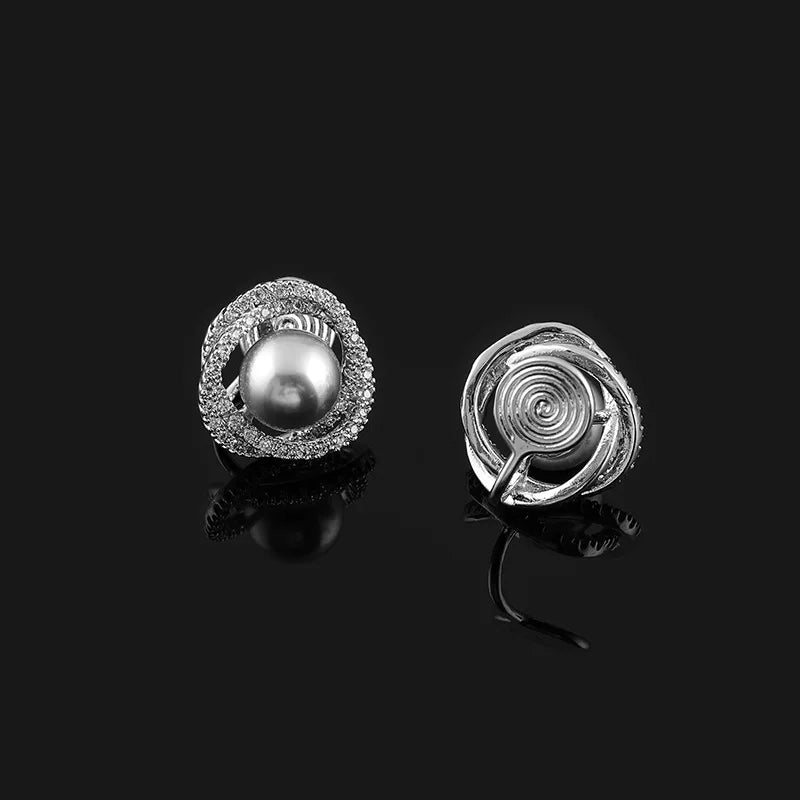 Elegant Round Spiral Rhinestone Gray Faux Pearl Stud & Clip On No Piercing Vintage French Earrings