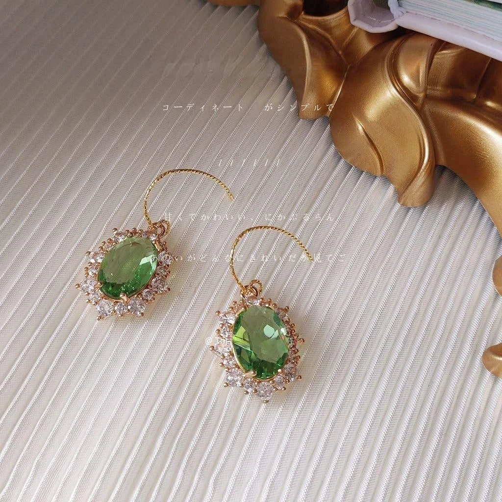 French Vintage Oval Green Zircon Copper 18K Gold Plated Drop Earrings For Women