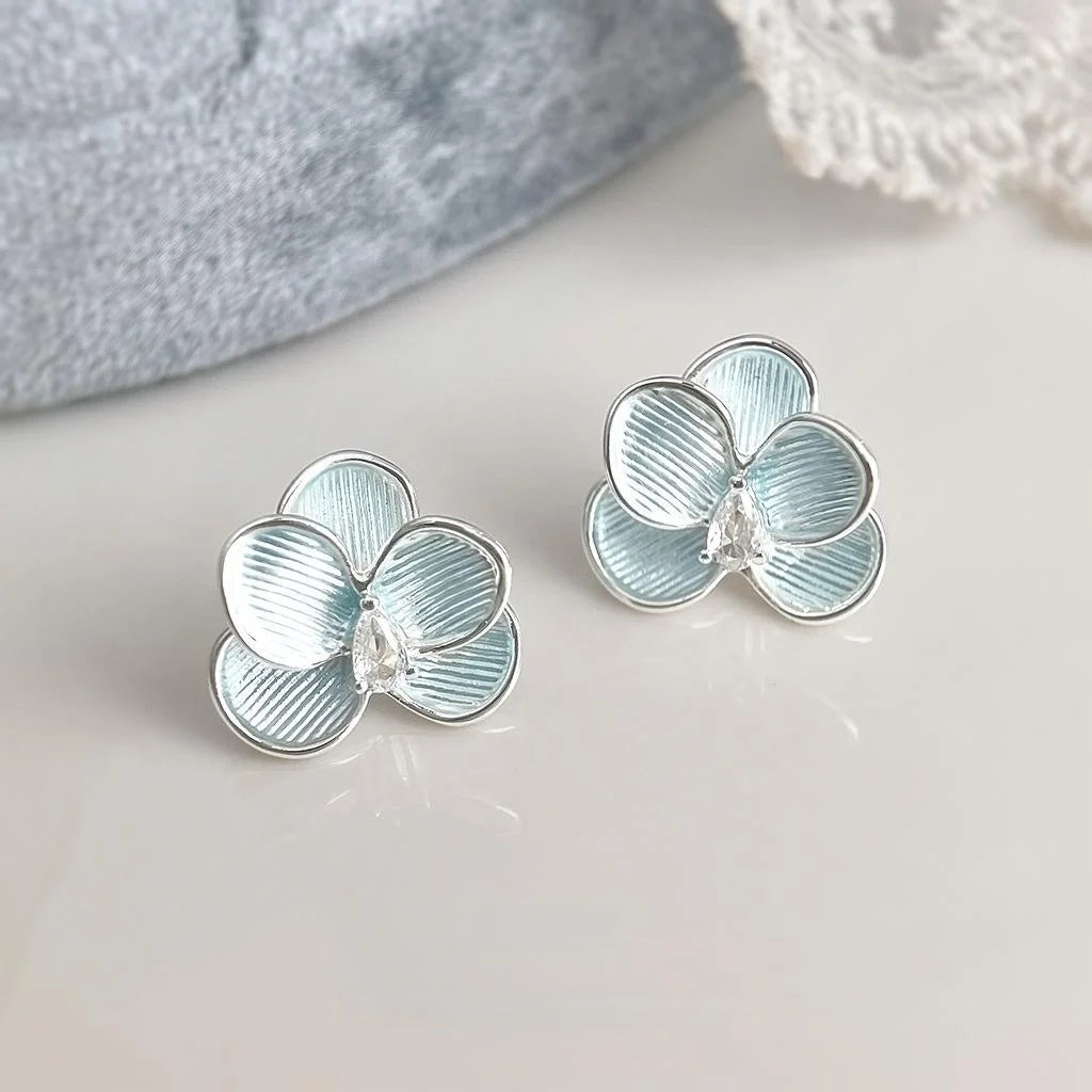 Fresh Summer Green Orchid Flower Stud Earrings Copper Zircon Hand Painted Sweet Floral Jewelry