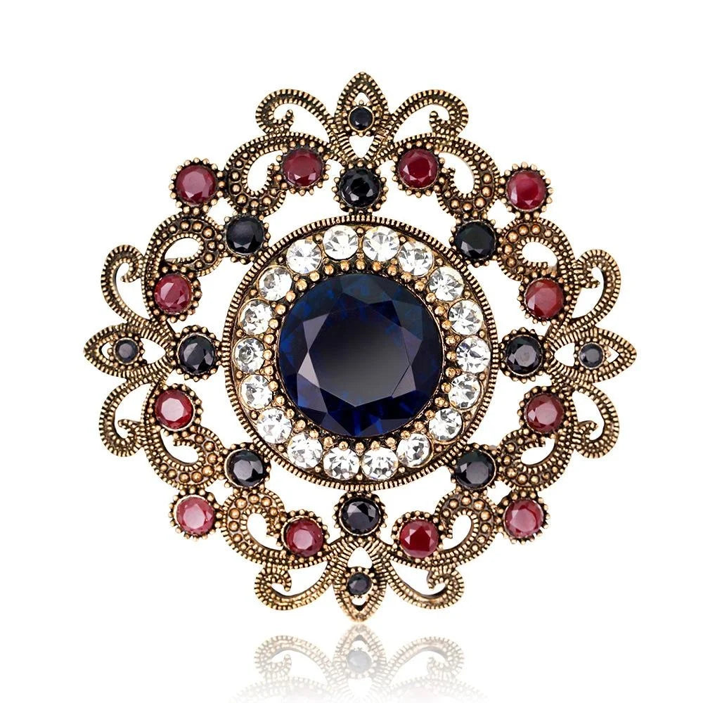 Vintage Luxury Hollow Alloy Rhinestone Brooch With Blue Crystal Center, Women's Lapel Pin Suit Accessory