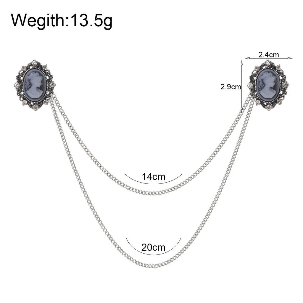 Vintage Cameo Lady Head Alloy Rhinestone Double Chain Brooch Collar Pin For Suit Lapel Scarf Gift