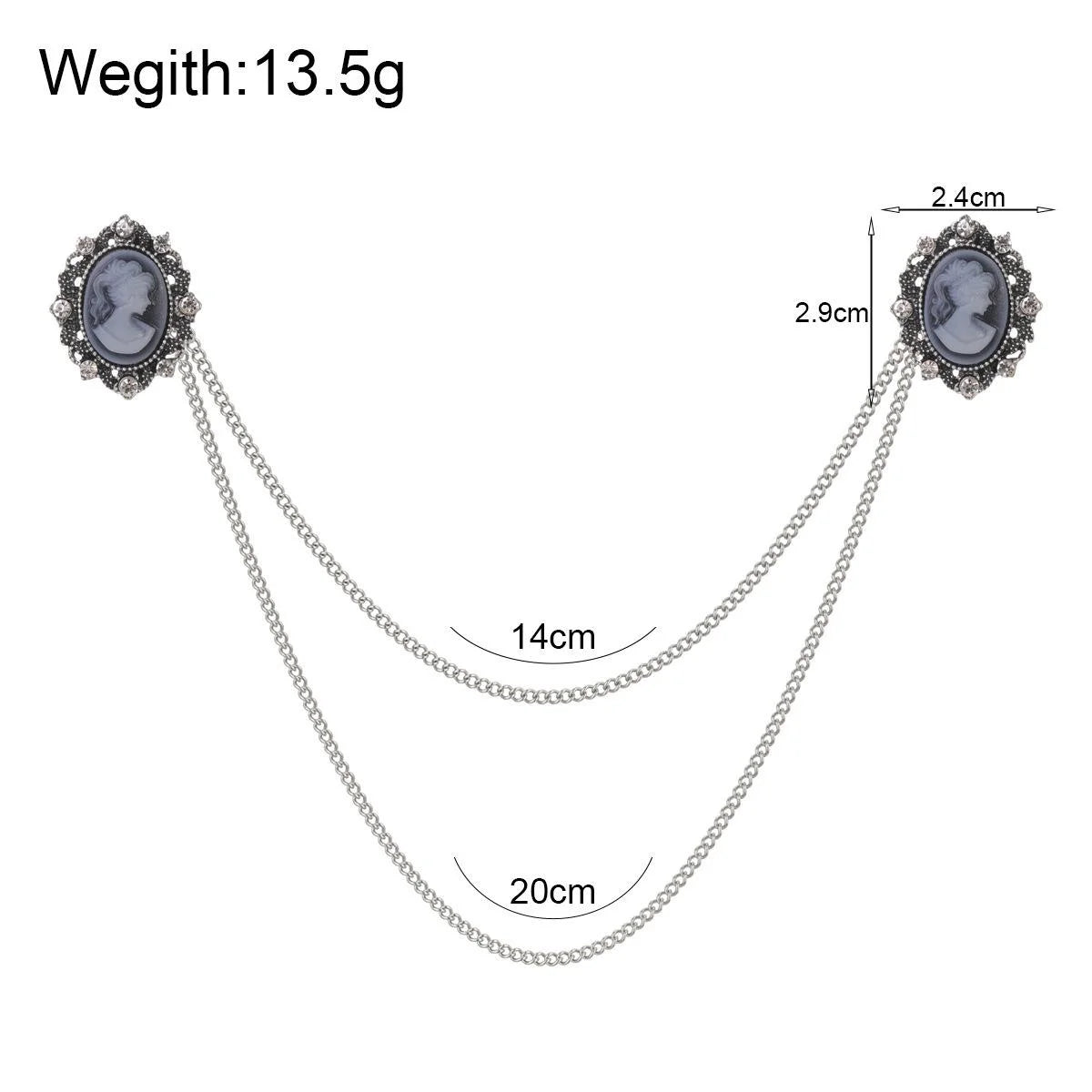 Vintage Cameo Lady Head Alloy Rhinestone Double Chain Brooch Collar Pin For Suit Lapel Scarf Gift