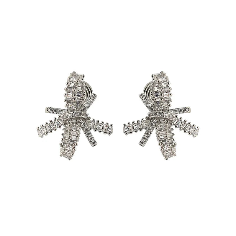 Luxury Firework Bow Zircon Stud & Clip On No Piercing Bridal Evening Statement Earrings