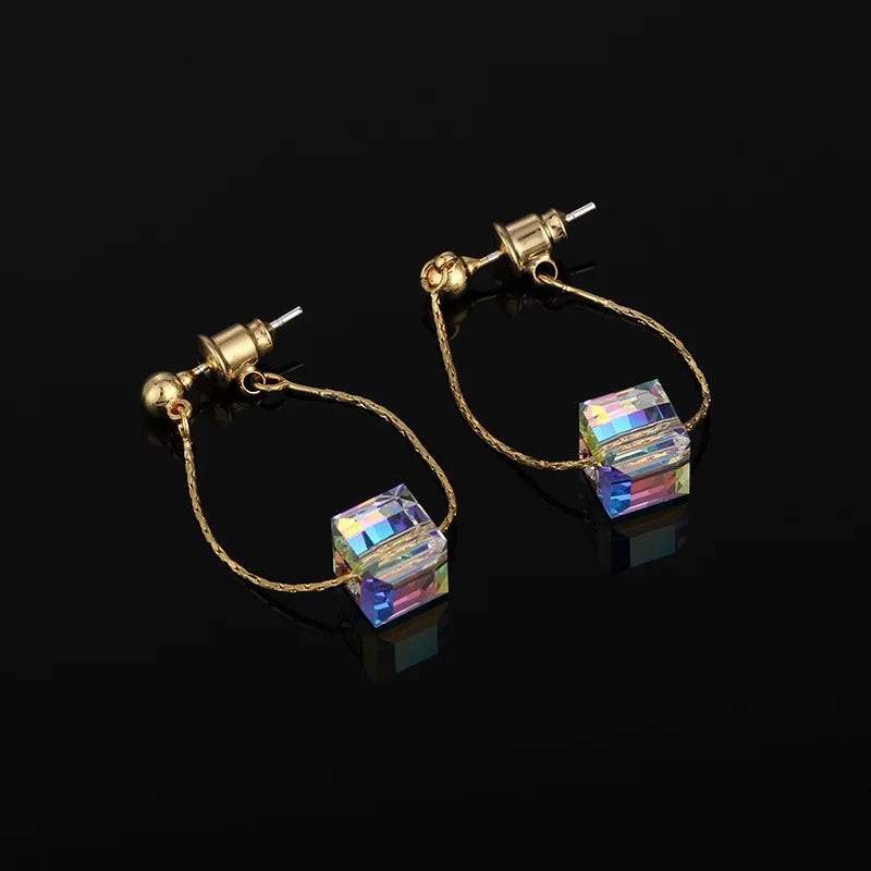 Elegant Aurora Cube Crystal Chain Tassel Loop Stud & Clip On No Piercing Gold Alloy Dangle Earrings