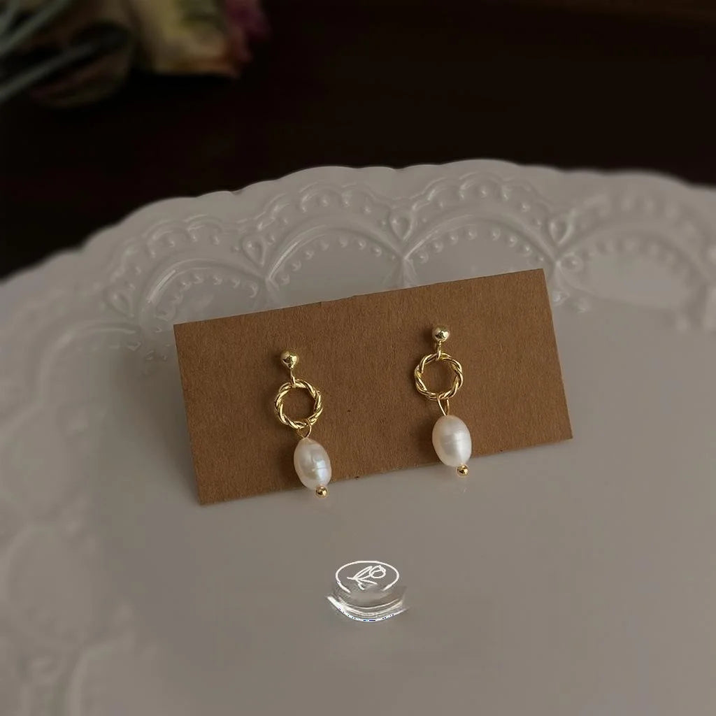 Natural Freshwater Pearl Oval Geometric Drop Earrings Handmade Light Luxury Silver Plated Posts
