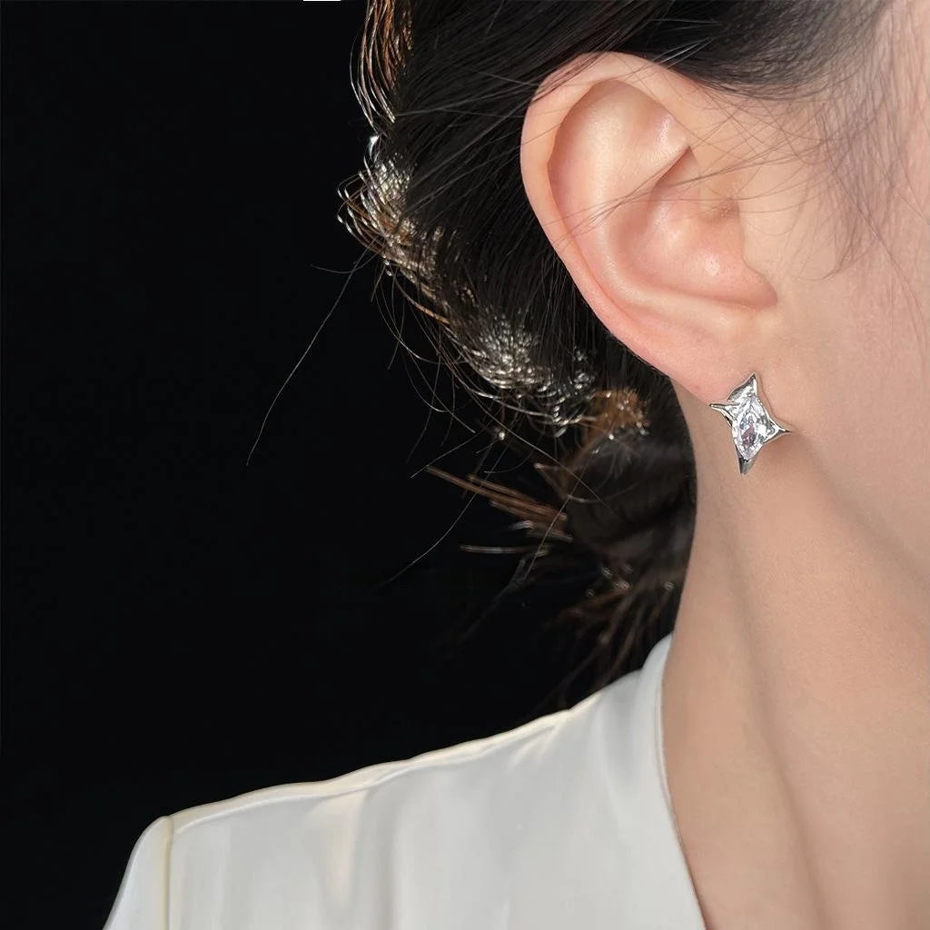 Sweet Cool Copper Micro Pave Zircon Starburst Rhombus Stud Earrings Minimalist Metallic Style