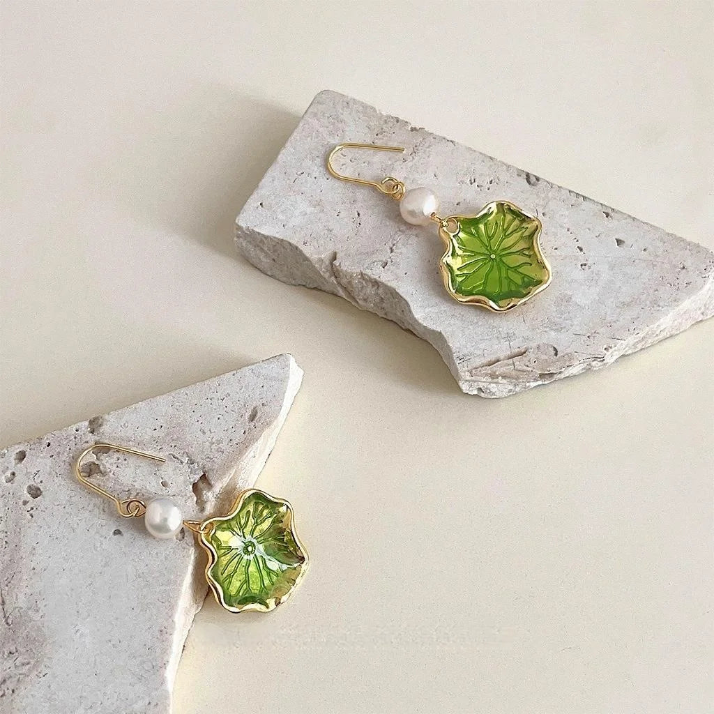 New Chinese 14K Gold Plated Copper Freshwater Pearl Lotus Leaf Enamel Drop Earrings