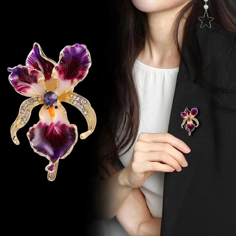 Elegant Purple Iris Enamel Alloy Brooch With Rhinestone Accents, Luxury Women's Lapel Pin Corsage Suit Accessory Gift
