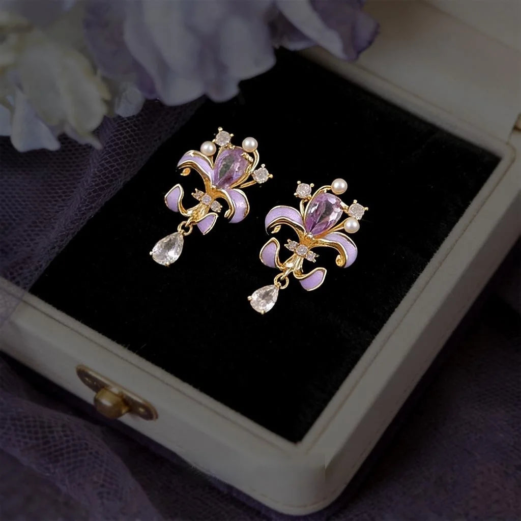 Enamel Painted Iris Flower Zircon Copper Stud Earrings, Forest Style